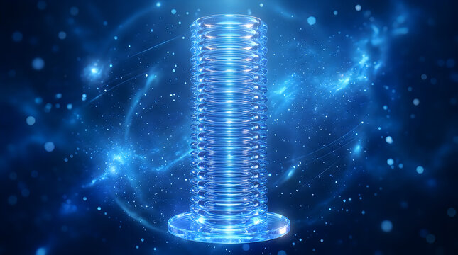 Glowing blue glass pillar structure in cosmic nebular space environment.