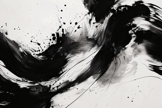 Black and white abstract ink brushstroke painting with dynamic motion, expressive splatter and modern minimalist wall art style