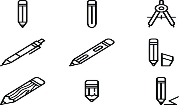 Stationery line art icons pens pencils and drafting tools