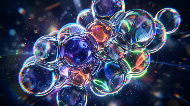 Abstract microscopic cell structure made of transparent glowing bubbles.
