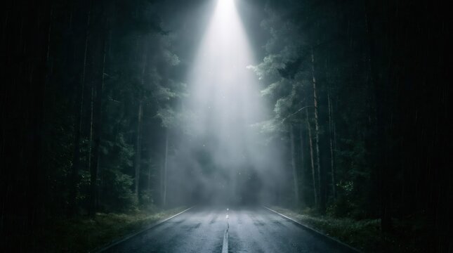 Dark road through forest illuminated by single overhead street light. Night scene with rain mist and fog. Concept of mystery, solitude and journey in moody weather atmosphere.