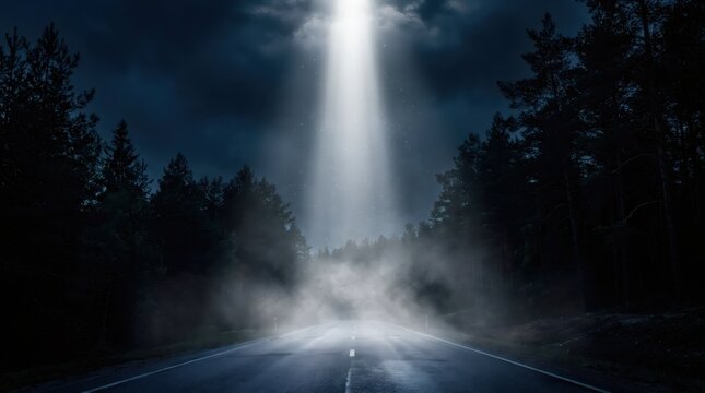 Bright light beam shining from sky onto road in forest. Mystery scene with glowing rays and fog at night. Concept of extraterrestrial encounter, alien abduction and supernatural event.