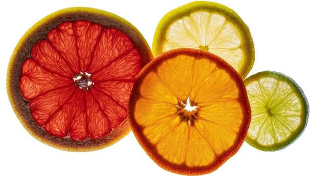 Grapefruit orange lemon, and lime slices backlit
