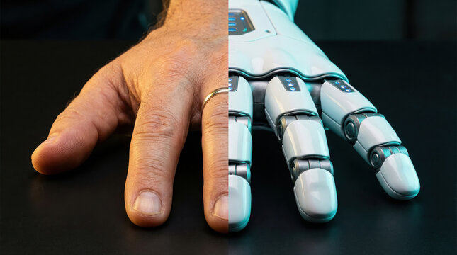 Human male hand merging with advanced robotic bionic arm.