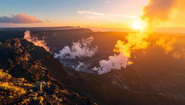 Volcanic caldera bathed in the warm glow of sunrise with steaming vents.