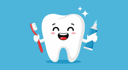Happy Cartoon Tooth Character Holding Toothbrush and Toothpaste Vector Illustration Design for Dental Care Concept b © Life Studio