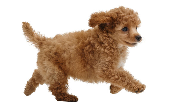 Brown poodle puppy running with curly fur