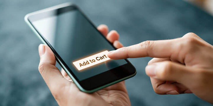Online business shopping mobile phone screen with add to cart button and focused finger