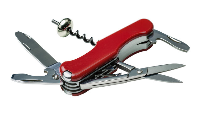 Red multi-tool pocket knife with opened blade scissors, and corkscrew