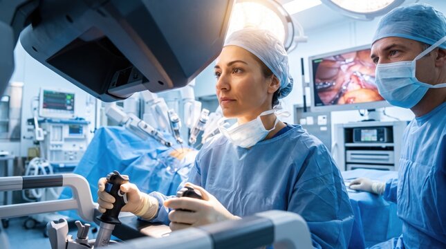Woman surgeon operating robotic surgery system with man assistant in modern hospital. Robotic assisted surgical procedure. Innovative medical technology, healthcare professional teamwork.