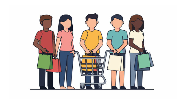 Diverse Group of People Waiting in Line with Shopping Cart