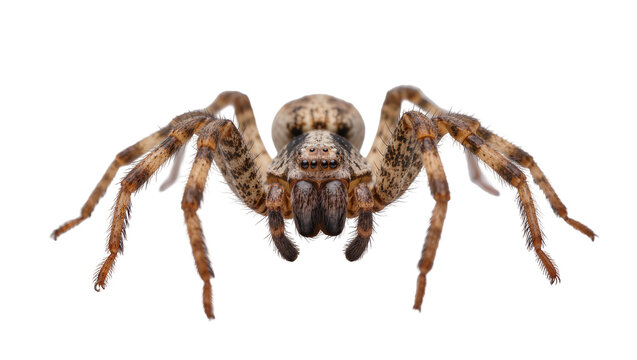 Brown spider with patterned legs and body on white