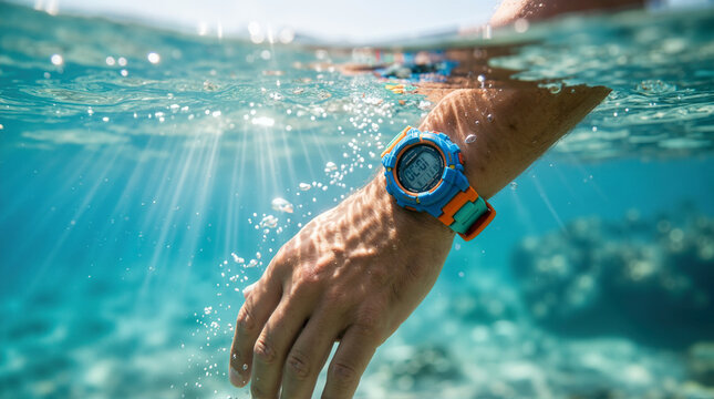 Underwater close up of a hand wearing a waterproof digital sports watch. Sun rays filtering through clear turquoise ocean water. Active summer vacation concept