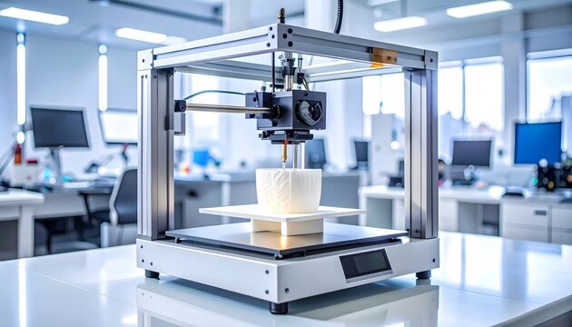 Professional industrial 3D printer creating white plastic prototype in modern laboratory with scientific research equipment
