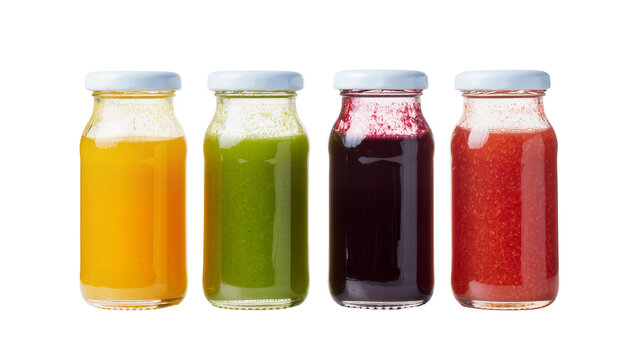 Four glass bottles with colorful juices orange green dark purple, and red