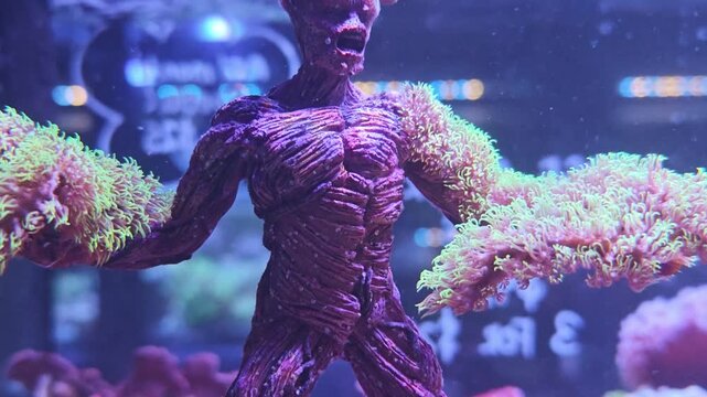 Detailed macro shot of branching gorgonian sea fan coral in a marine aquarium setting with vivid coloration. Compelling reef aquarium, coral colony, or marine life stock footage for hobbyist, educa...