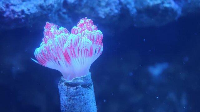 Close-up of flowerpot coral (Goniopora) colony with extended polyps captured in reef aquarium, showcasing intricate detail under actinic lighting. Compelling reef aquarium, coral colony, or marine...