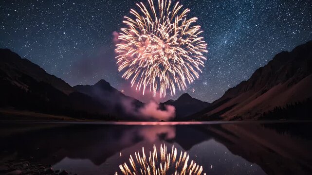 Colorful fireworks explode in the starry night sky over a serene mountain lake reflection