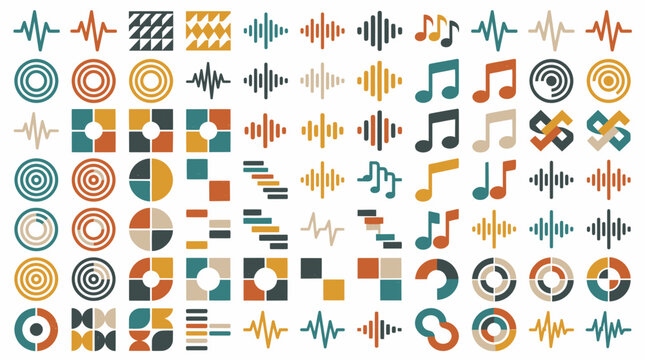Abstract audio waveform icons and musical note graphic elements.