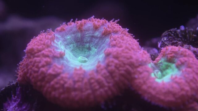 Tight close-up of Micromussa lordhowensis coral colony with fleshy polyps, the colony suspended in calm reef aquarium water. Strong fit for underwater coral, marine biology, or reef aquarium stock...