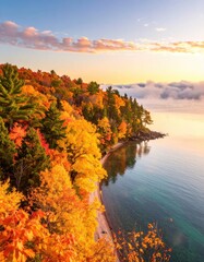 Obraz premium Vibrant autumn foliage blankets a forested coastline at sunrise.
