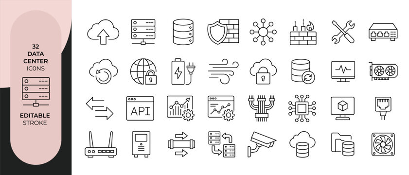 Data Center Outline Icon Set Editable Stroke Server Vector