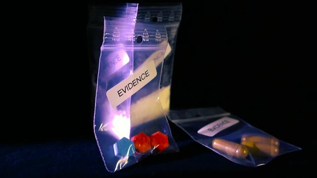 Labeled police evidence bags holding confiscated illegal drugs, including white powder, colorful pills, and capsules, displayed on a table against a stark black background for investigation