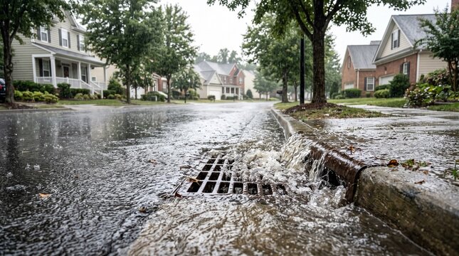 Rainwater rushing into storm drain on flooded residential street