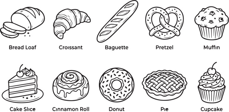 Hand drawn baked goods collection featuring bread loaf croissant baguette pretzel muffin cake slice cinnamon roll donut pie cupcake.