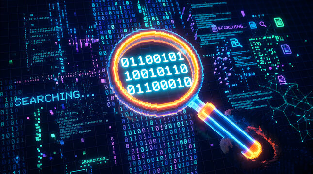 Searching binary data with glowing magnifying glass over code screen background.