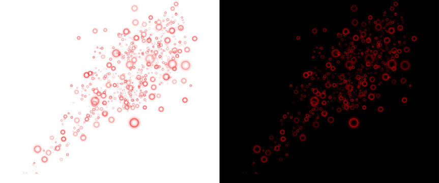 Red bokeh bubbles overlay on white and black backgrounds, floating circular light particles, abstract glowing round bokeh elements for design