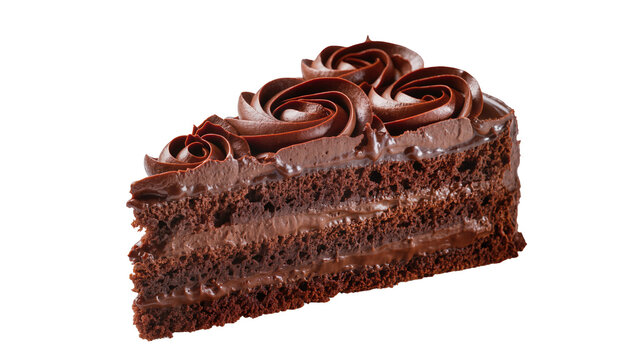 Rich chocolate cake slice with creamy frosting