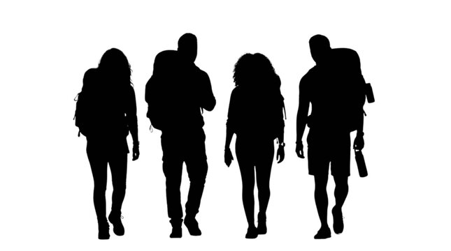 Four people walking together with backpacks silhouette style isolated on transparent background, Vector