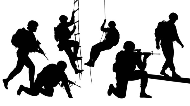 Silhouette soldiers in combat action poses isolated on transparent background, Vector