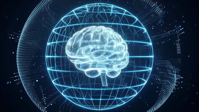 Digital representation of a human brain inside a glowing technological globe, representing artificial intelligence and data processing 4k video