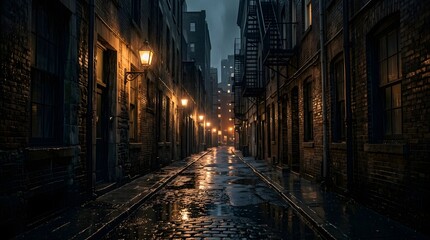 Fototapeta premium Dark narrow urban alleyway illuminated by warm streetlights at night.