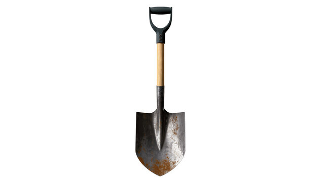 Metal shovel with wooden handle and black D-grip