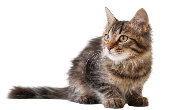 Fluffy tabby kitten sitting and looking to the side