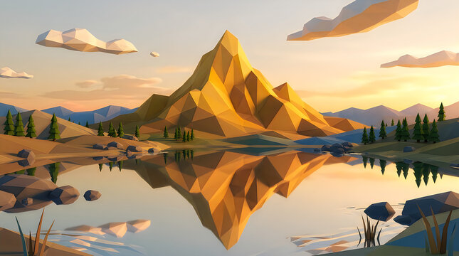 Low poly mountain landscape with sunset reflection in calm lake water.