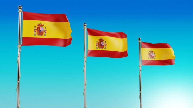 Three Spain national flags waving in a row in a 4K 3D looping animation against a clear blue sky background. Patriotic projects, travel content, global event, International Sport Event.