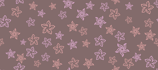 Stylized five-petal flowers on a dusty mauve background seamless vector pattern. Elegant floral backdrop with soft pink and peach blossoms for modern home textiles, fashion fabric print © SunwArt