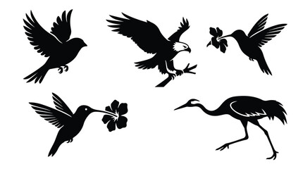 Fototapeta premium Black bird silhouettes set, flying eagle and hummingbird vector icons, elegant crane and sparrow illustrations for nature logos and branding