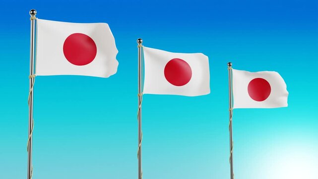 Three Japan national flags waving in a row, featured in a 4K 3D looping animation against a clear blue sky background. Patriotic projects, travel content, global event, International Sport Event.