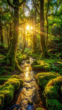 Sunlight streams through a moss-covered forest onto a babbling brook.