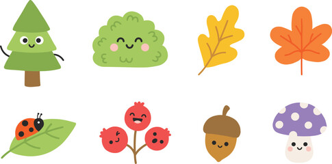 Naklejka premium Cute Kawaii Autumn Forest Element Set featuring Cartoon Tree, Bush, Leaves, Ladybug, Berries, Acorn, and Mushroom Icons for Kids Designs