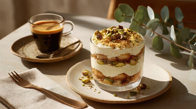 A glass of pistachio tiramisu sits beside a cup of espresso on a rustic table. This delicious layered dessert blends creamy mascarpone with the nutty crunch of pistachios.