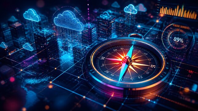 Digital Compass Navigating the Cloud - Futuristic Technology Visualization.