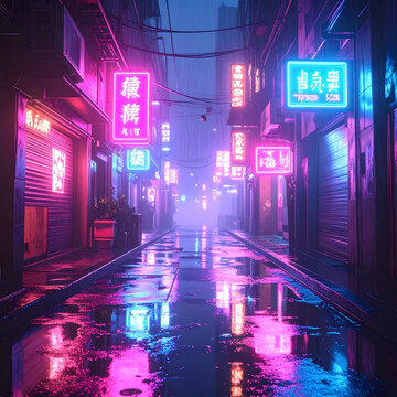Neon-lit alleyway in a rainy Japanese city at night