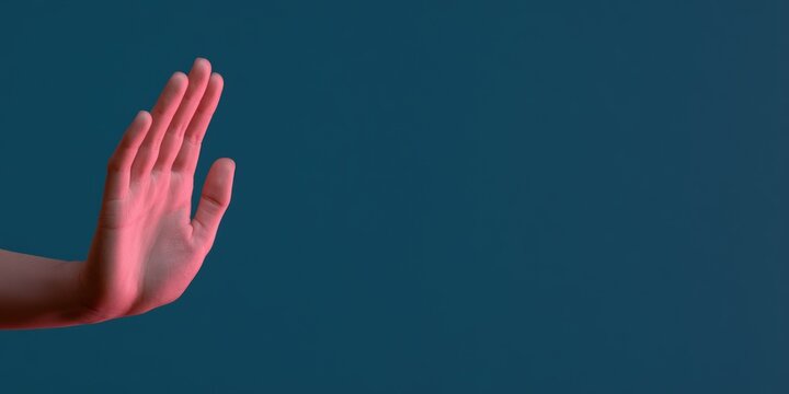 Human hand making stop gesture against dark blue background with copy space for professional communication and conceptual design projects