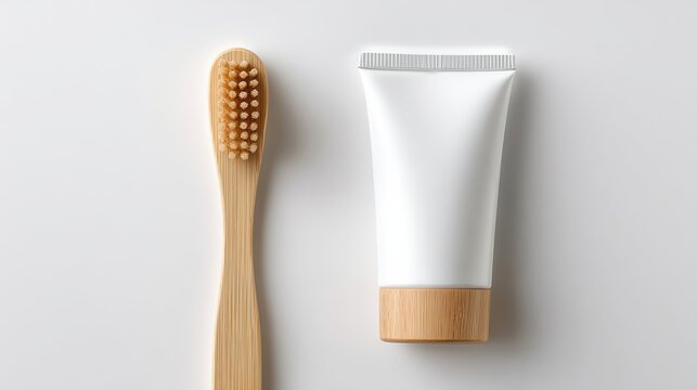 A bamboo toothbrush and toothpaste tube lie side by side on a white surface. This minimalist dental set emphasizes ecofriendly and sustainable oral care.